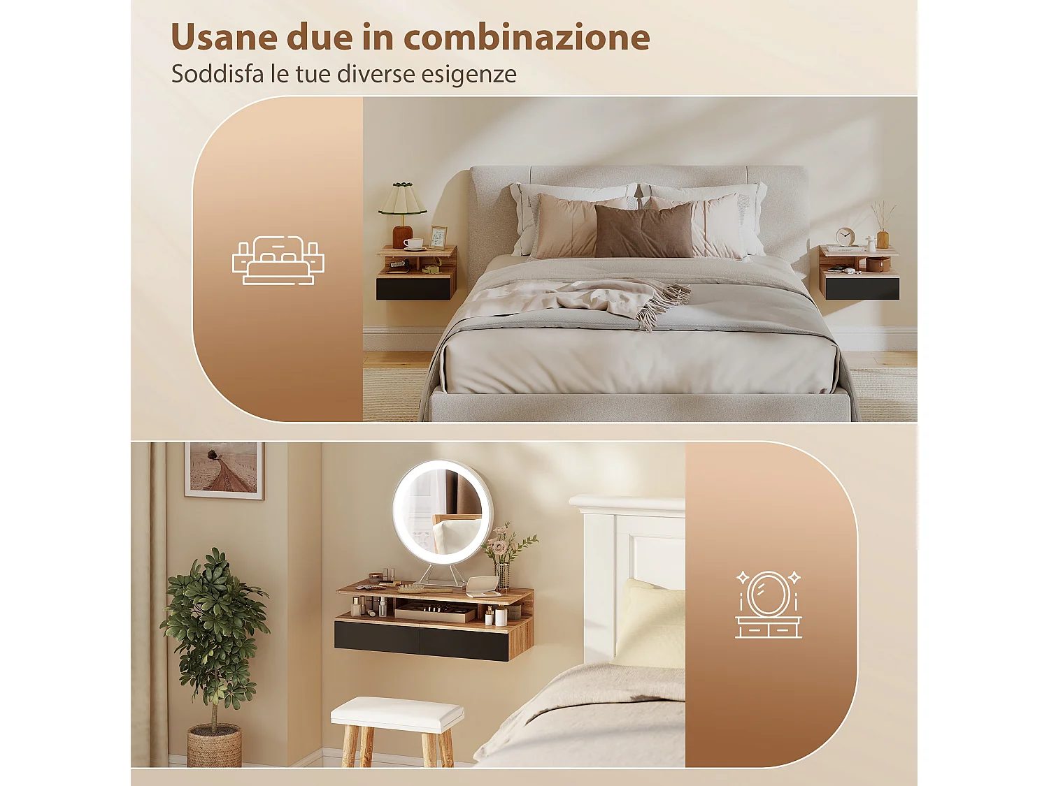 Set di 2 comodini sospesi con cassetto e ripiano nero e rovere