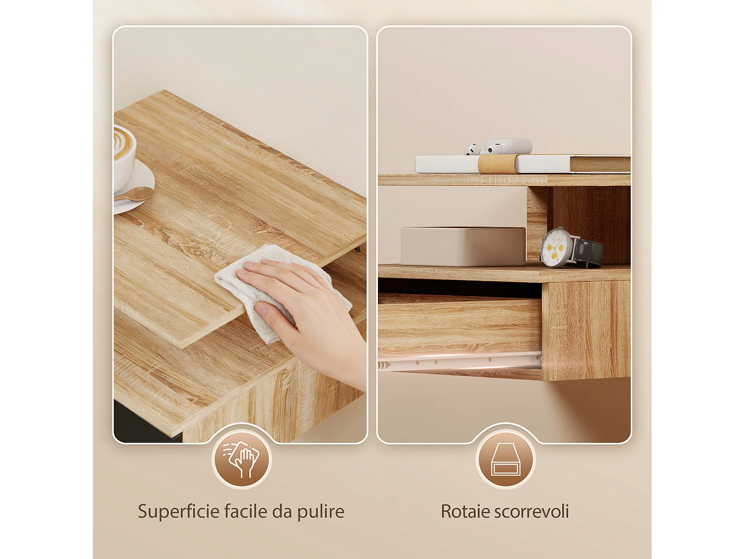 Set di 2 comodini sospesi con cassetto e ripiano nero e rovere