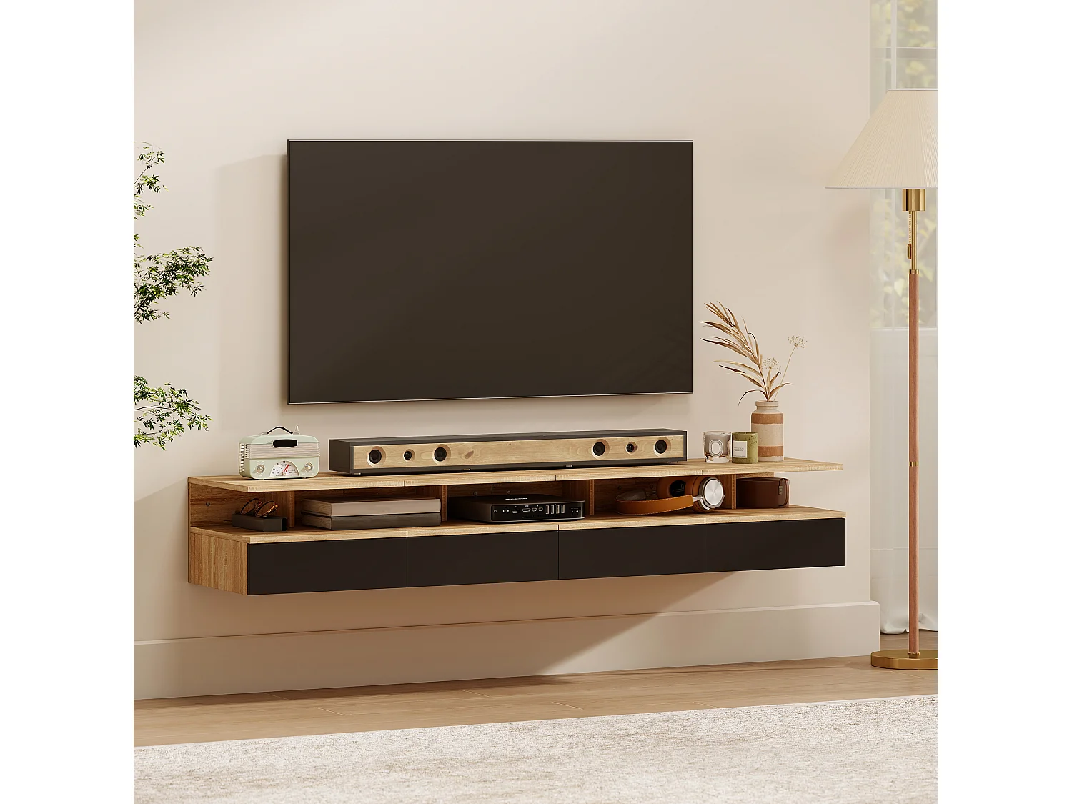 Set di 2 comodini sospesi con cassetto e ripiano nero e rovere