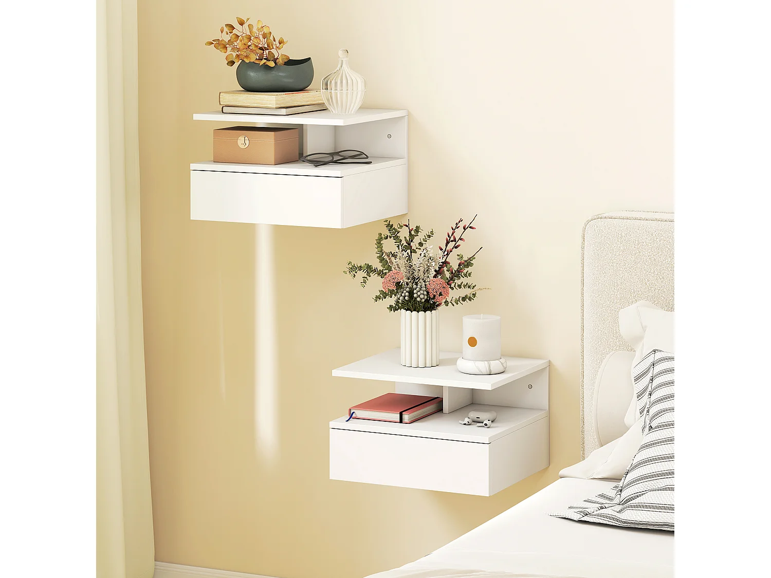 Set di 2 comodini sospesi con cassetto e ripiano bianco