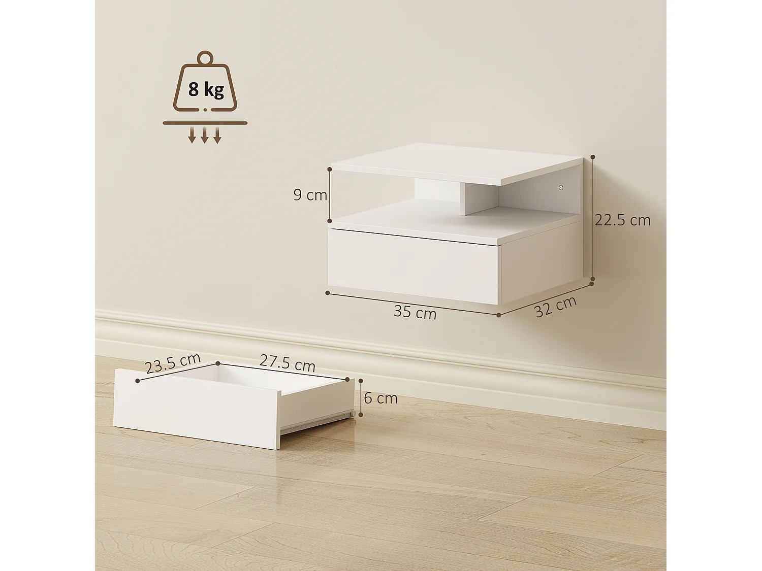 Set di 2 comodini sospesi con cassetto e ripiano bianco