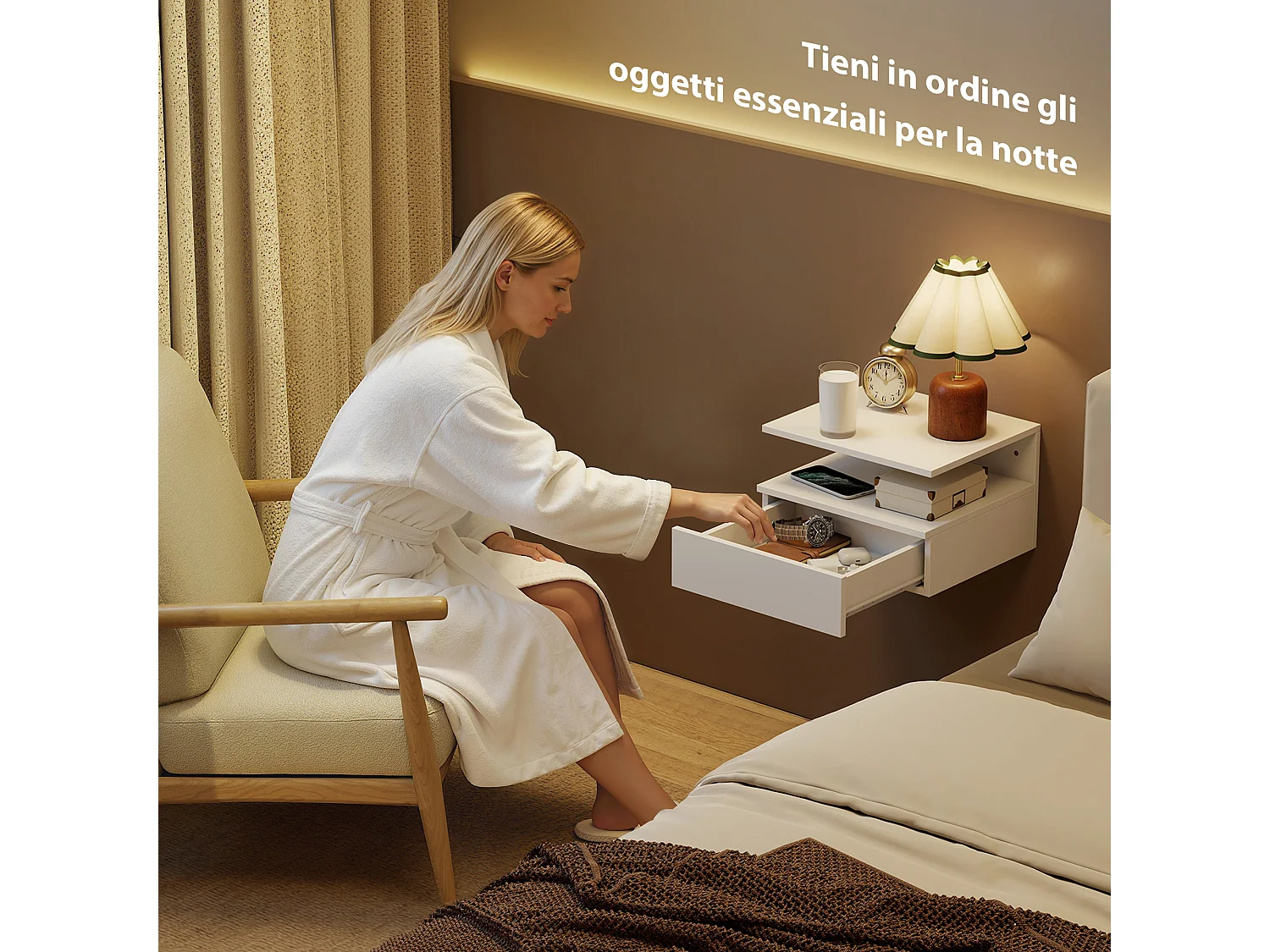 Set di 2 comodini sospesi con cassetto e ripiano bianco