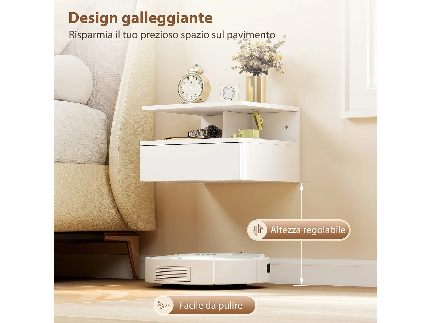 Set di 2 comodini sospesi con cassetto e ripiano bianco