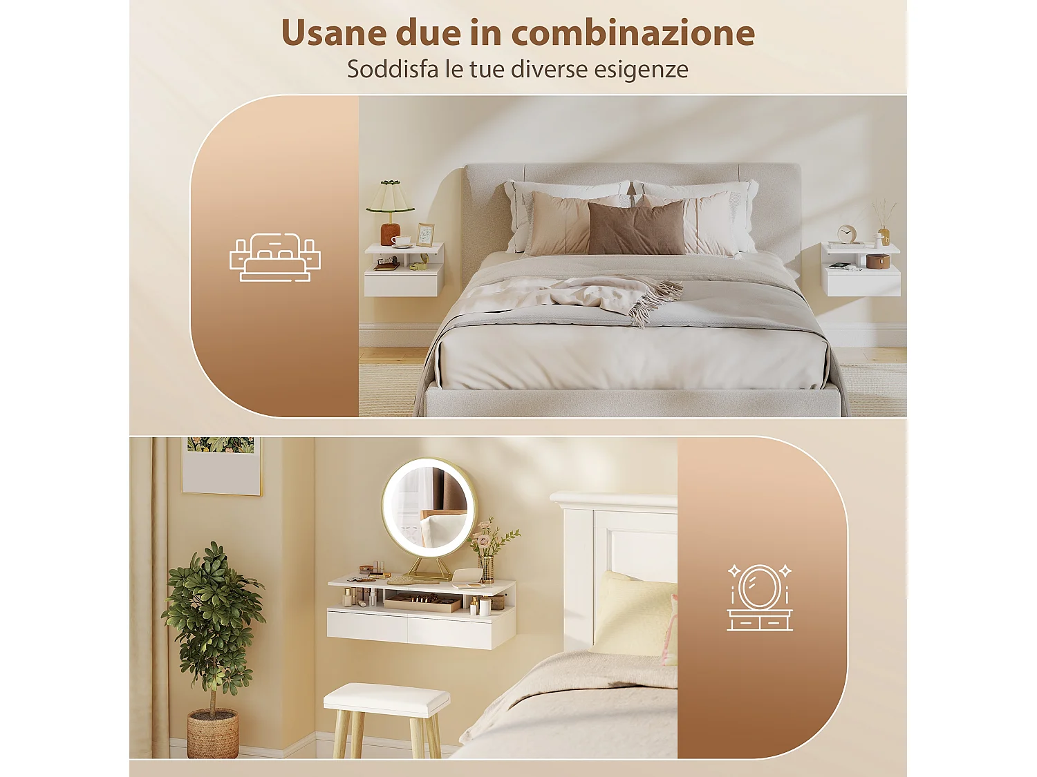 Set di 2 comodini sospesi con cassetto e ripiano bianco