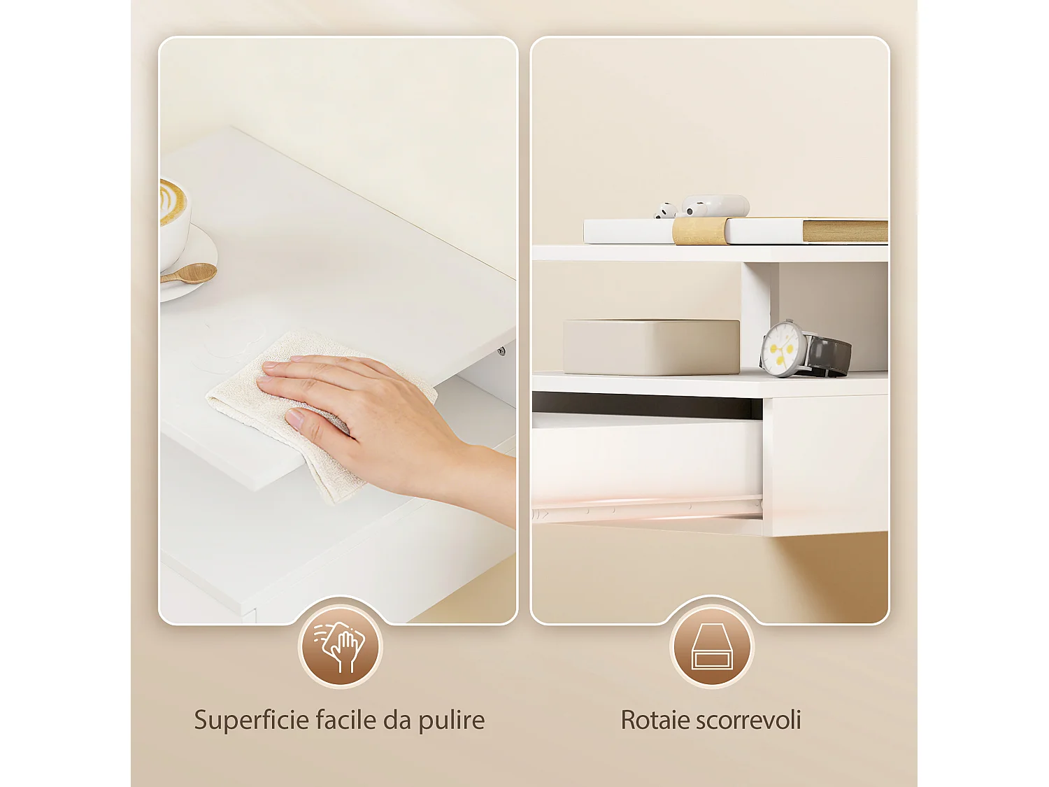 Set di 2 comodini sospesi con cassetto e ripiano bianco
