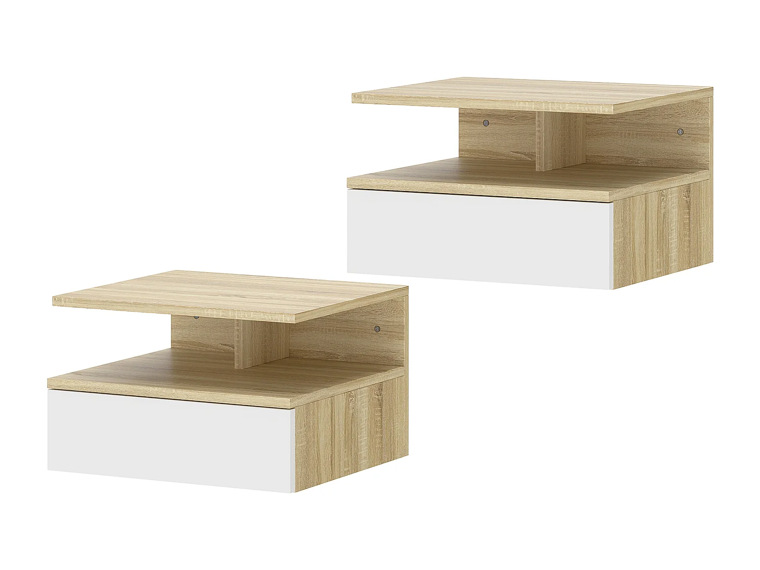 Set di 2 comodini sospesi con cassetto e ripiano bianco e rovere