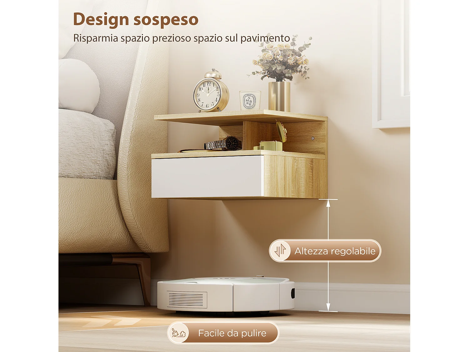 Set di 2 comodini sospesi con cassetto e ripiano bianco e rovere