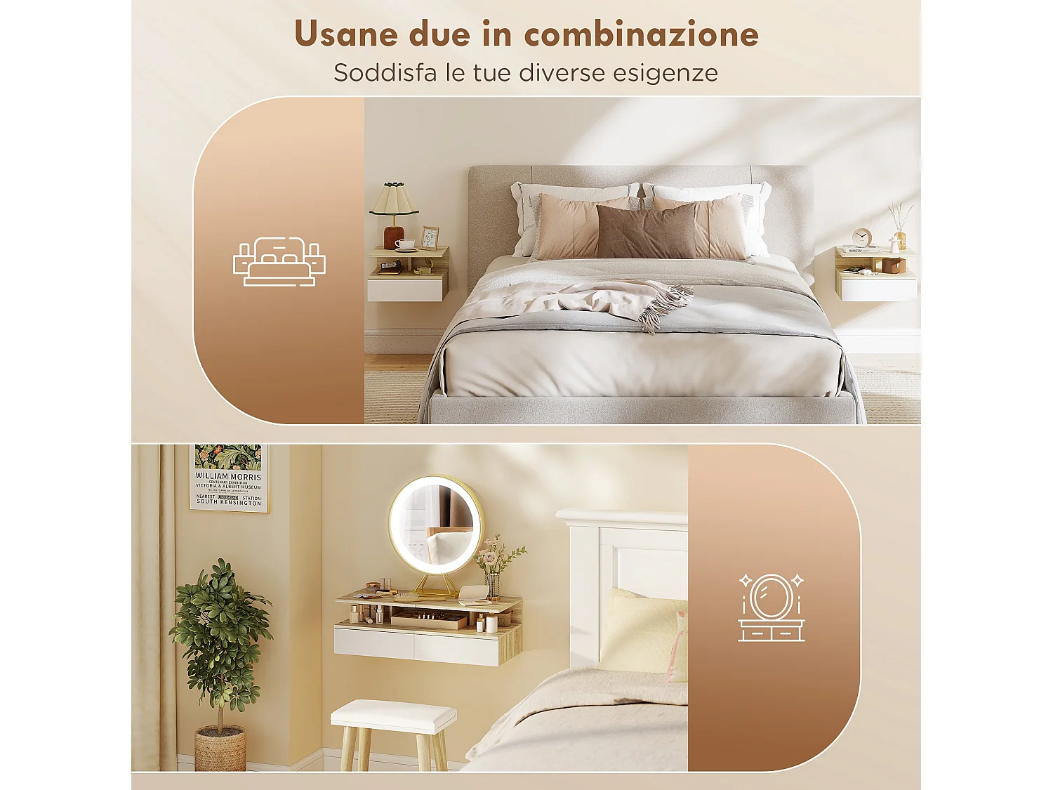 Set di 2 comodini sospesi con cassetto e ripiano bianco e rovere