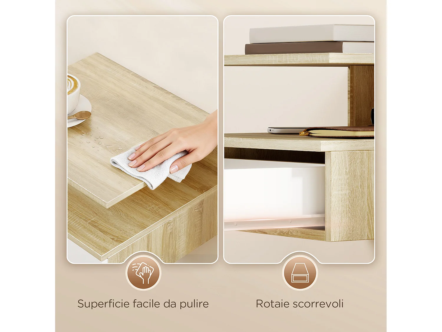Set di 2 comodini sospesi con cassetto e ripiano bianco e rovere