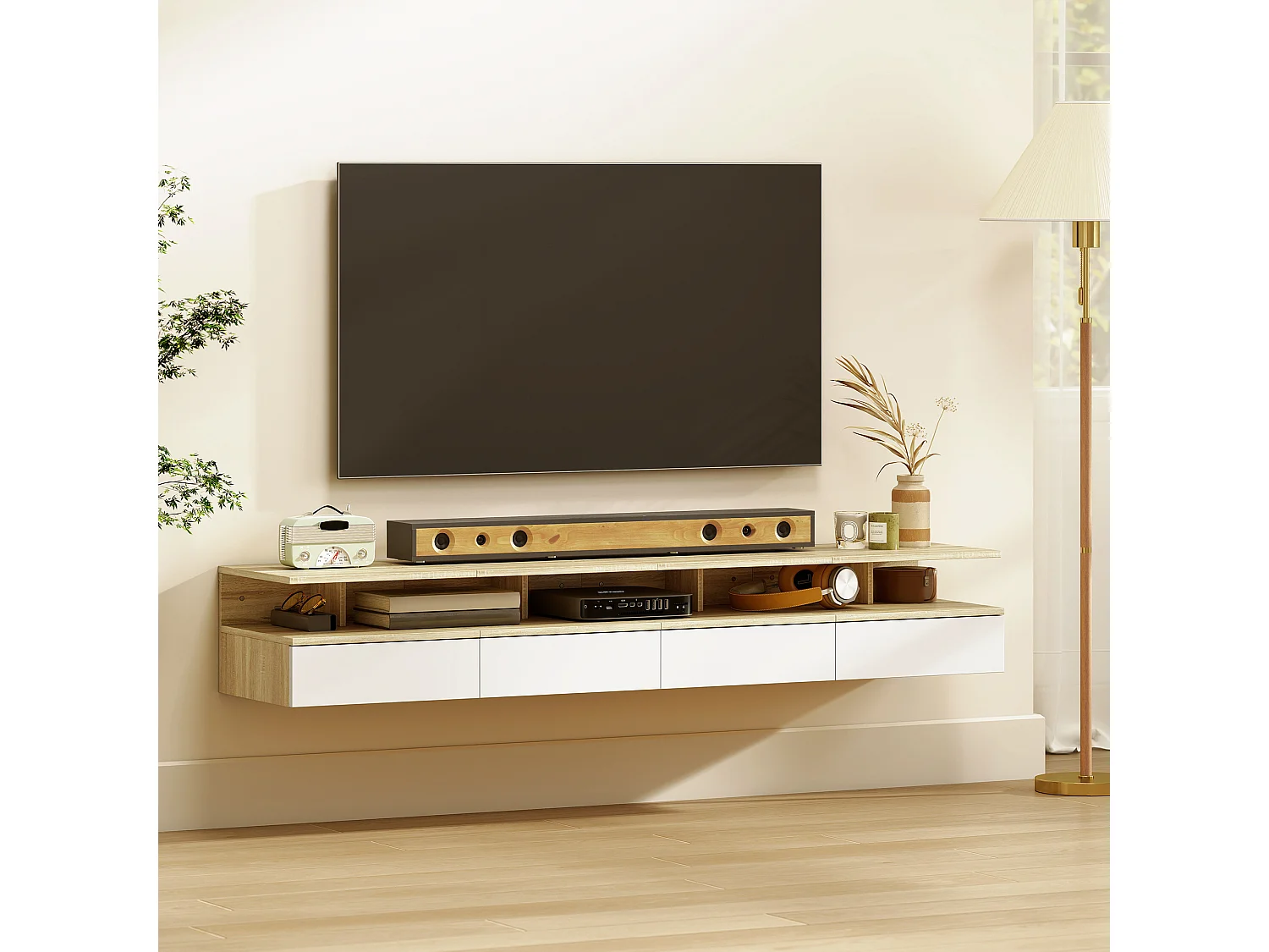Set di 2 comodini sospesi con cassetto e ripiano bianco e rovere