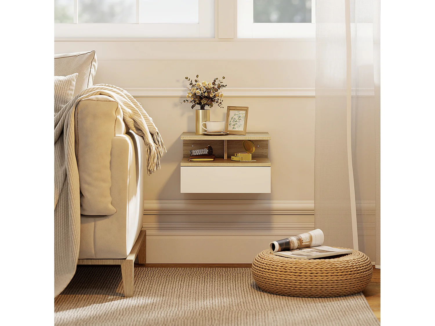Set di 2 comodini sospesi con cassetto e ripiano bianco e rovere