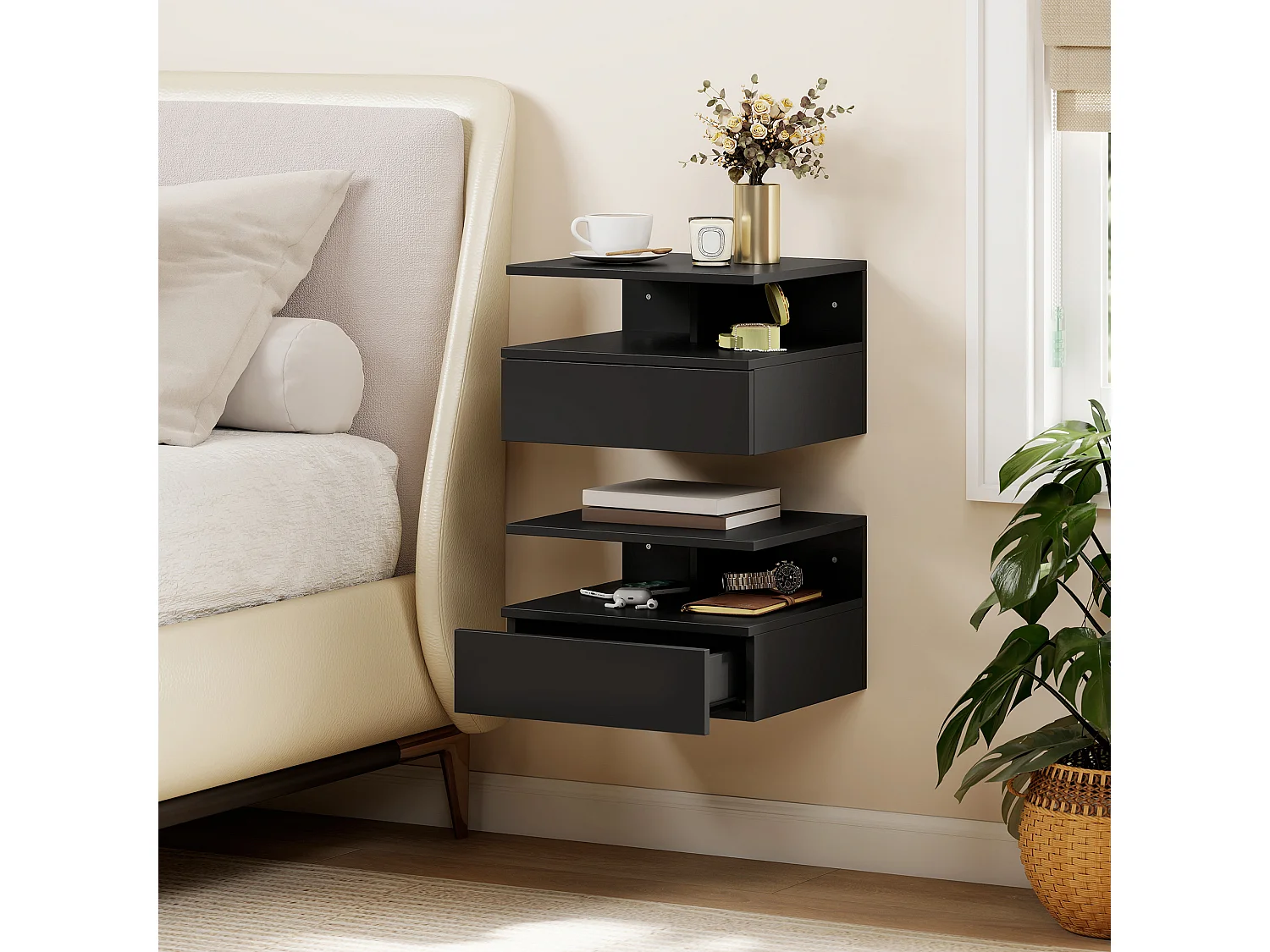 Set di 2 comodini sospesi con cassetto e ripiano nero