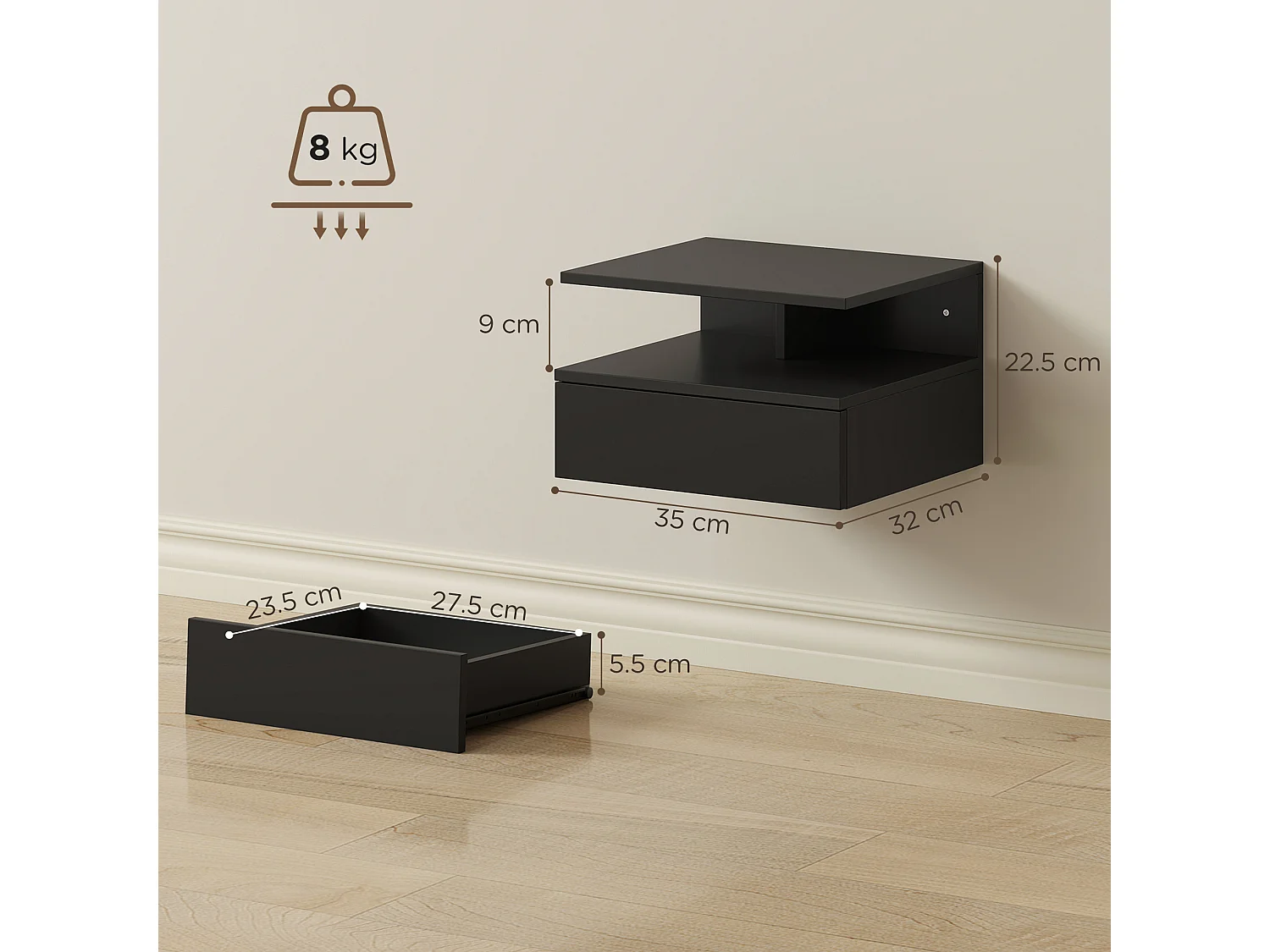 Set di 2 comodini sospesi con cassetto e ripiano nero