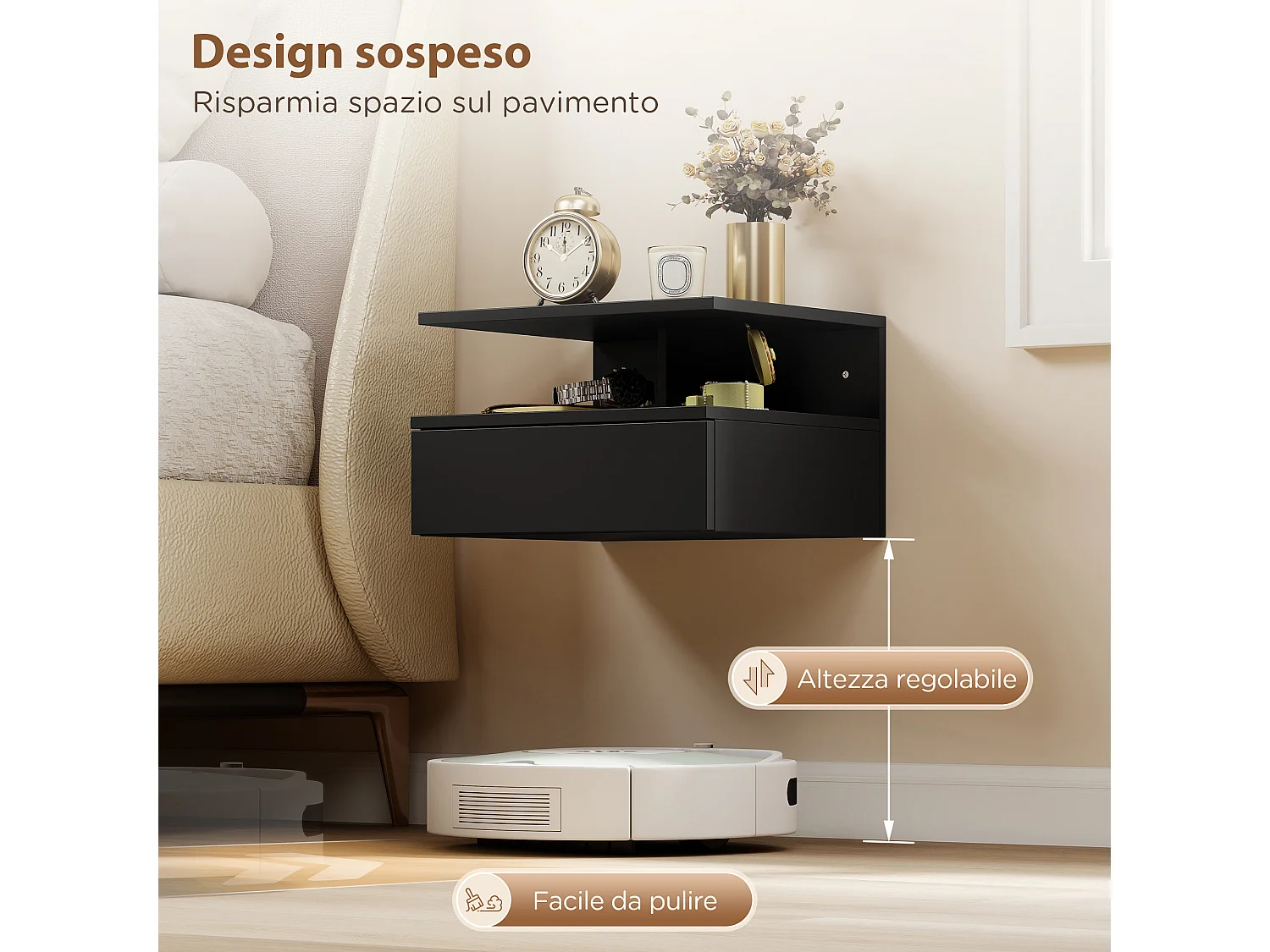 Set di 2 comodini sospesi con cassetto e ripiano nero