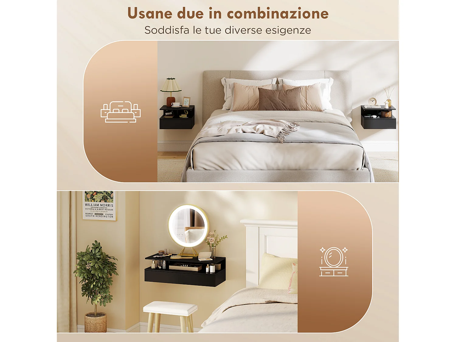 Set di 2 comodini sospesi con cassetto e ripiano nero