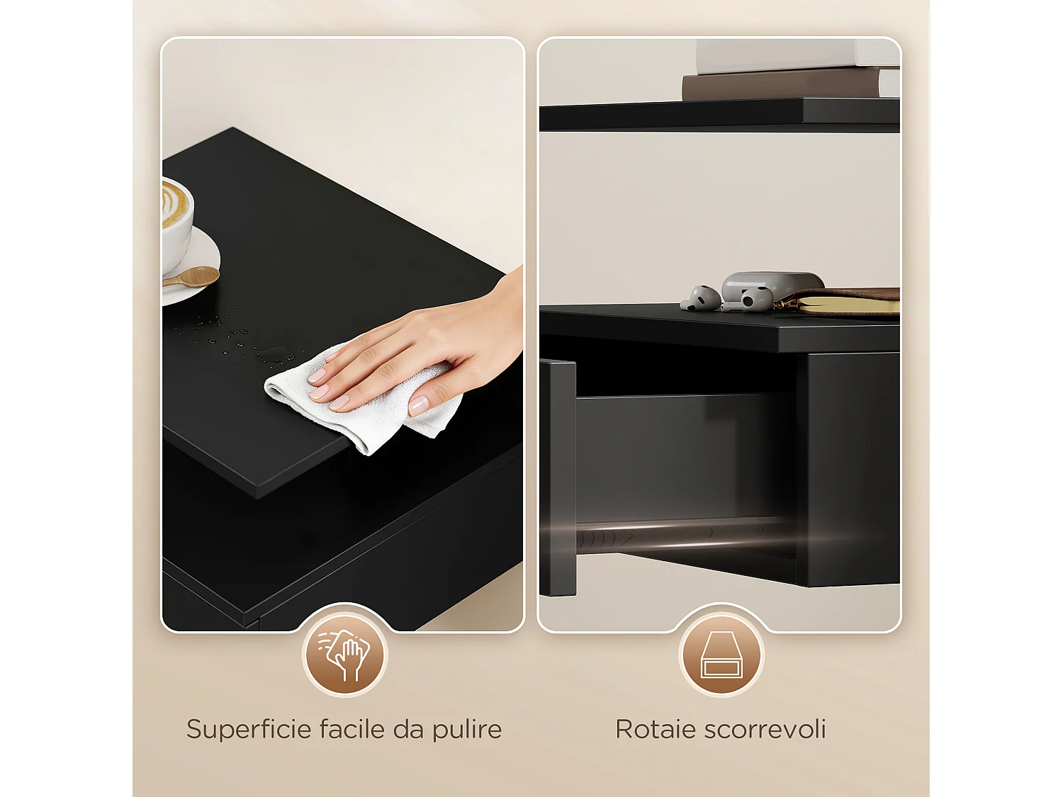 Set di 2 comodini sospesi con cassetto e ripiano nero