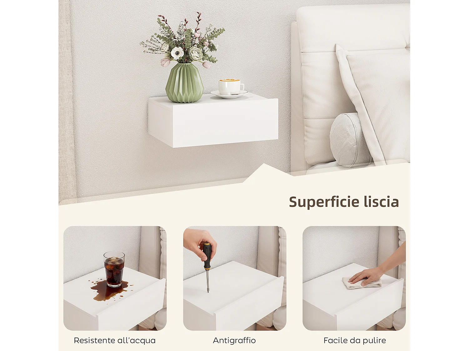 Set di 2 comodini sospesi moderni con cassetto in legno bianco