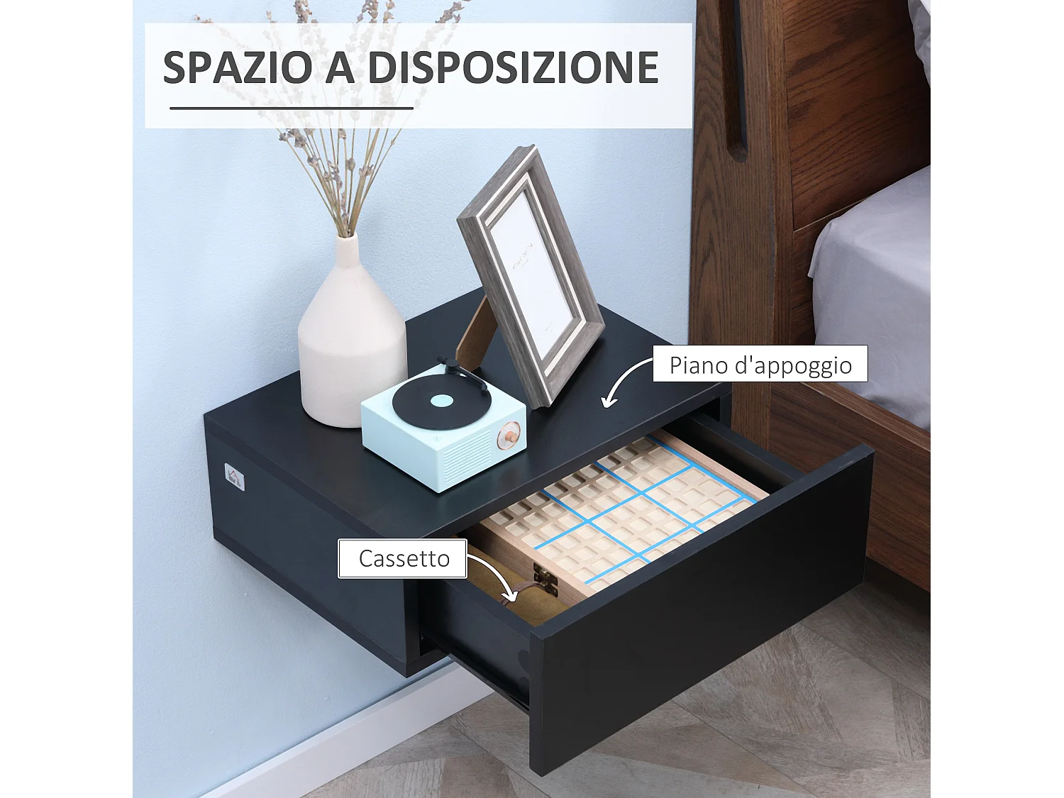 Set 2 comodini sospesi moderni in legno 40x30x15cm nero