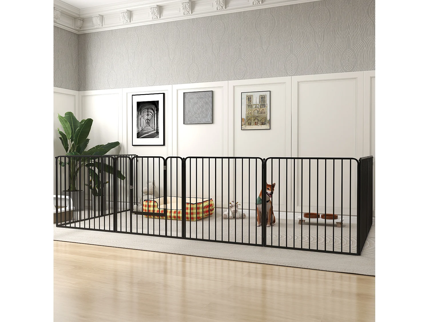 Box per cani a 8 pannelli modulabili in acciaio 164x164x80 cm nero