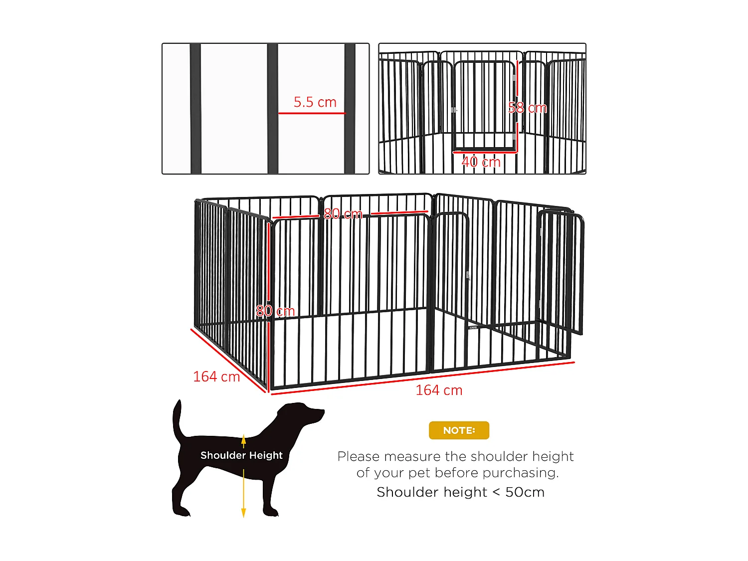 Box per cani a 8 pannelli modulabili in acciaio 164x164x80 cm nero
