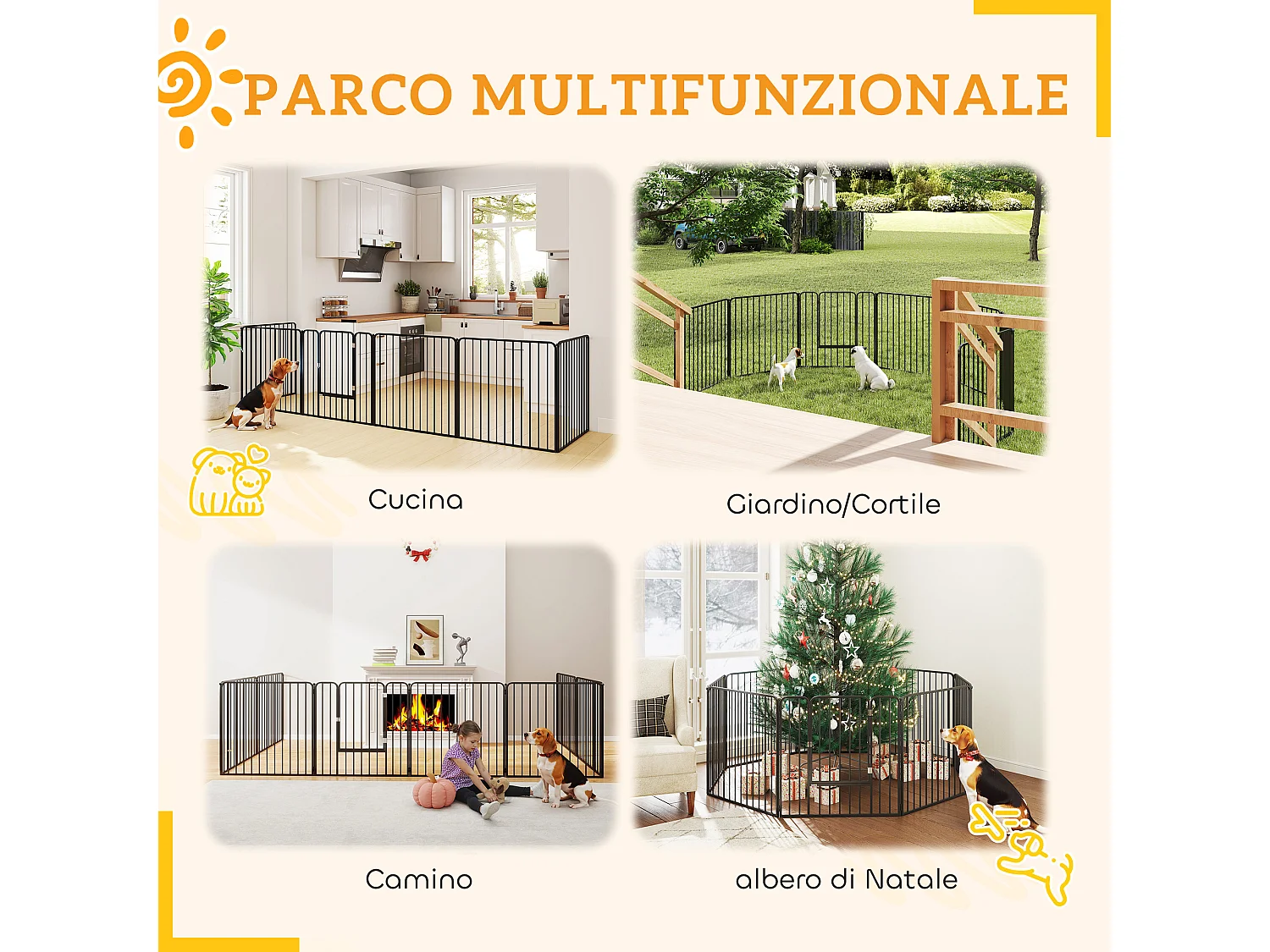Box per cani a 8 pannelli modulabili in acciaio 164x164x80 cm nero