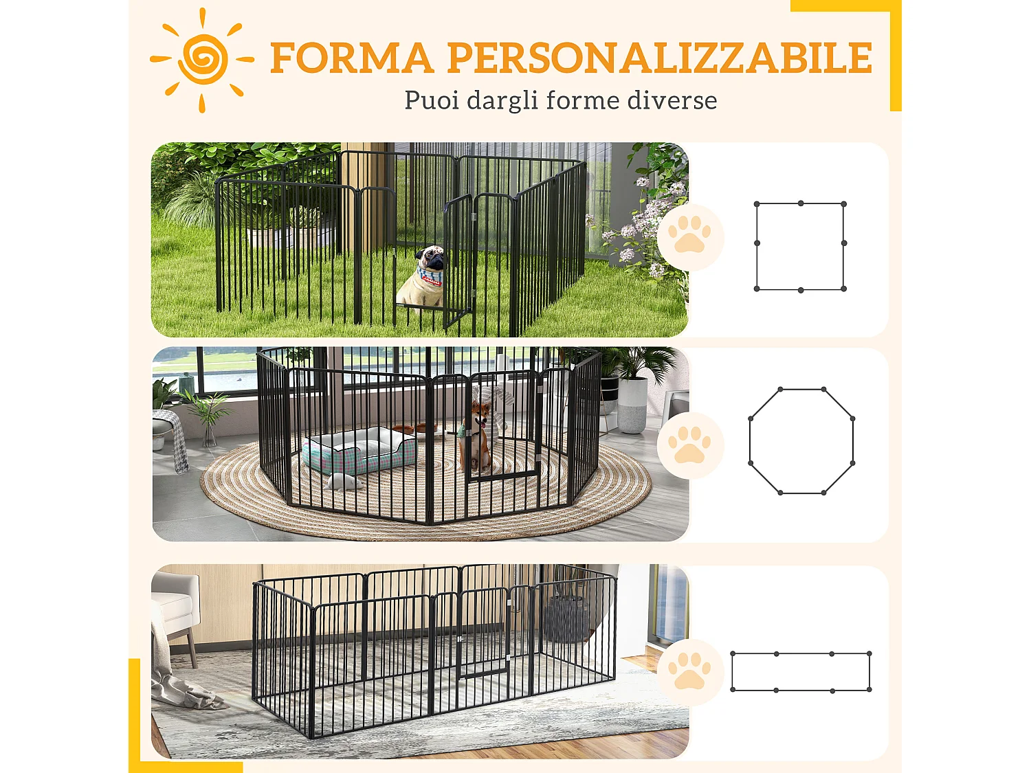 Box per cani a 8 pannelli modulabili in acciaio 164x164x80 cm nero