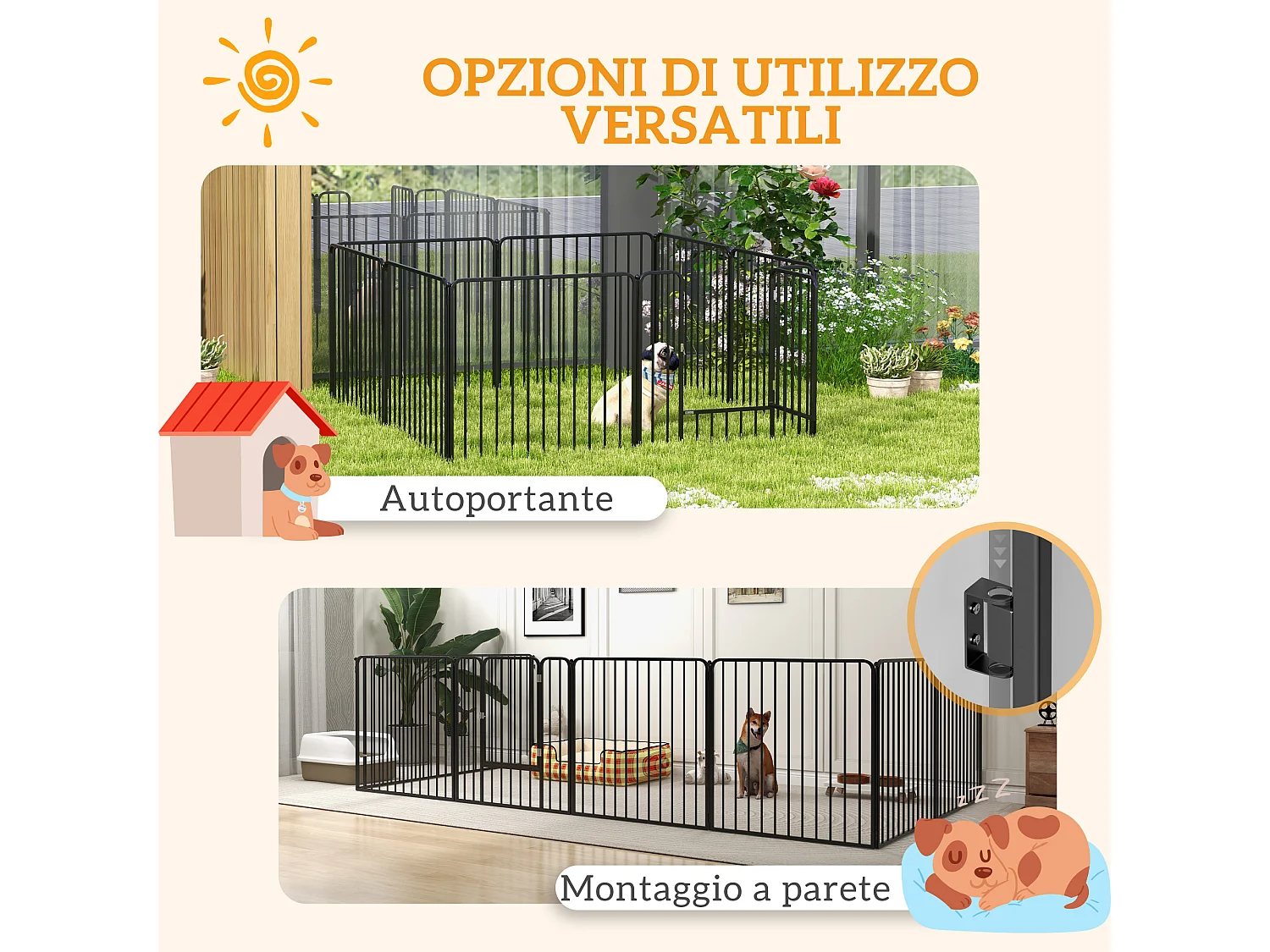 Box per cani a 8 pannelli modulabili in acciaio 164x164x80 cm nero