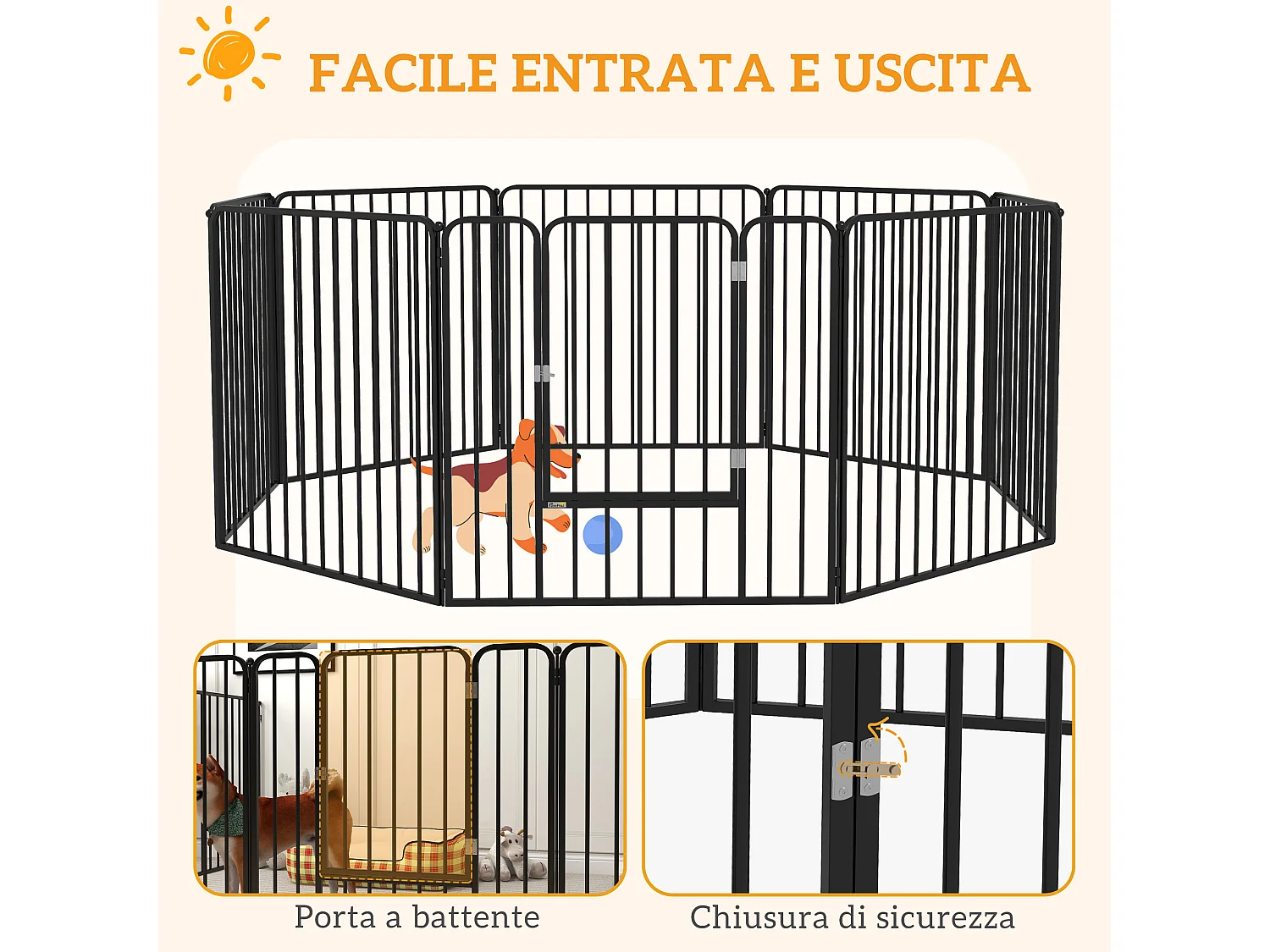 Box per cani a 8 pannelli modulabili in acciaio 164x164x80 cm nero
