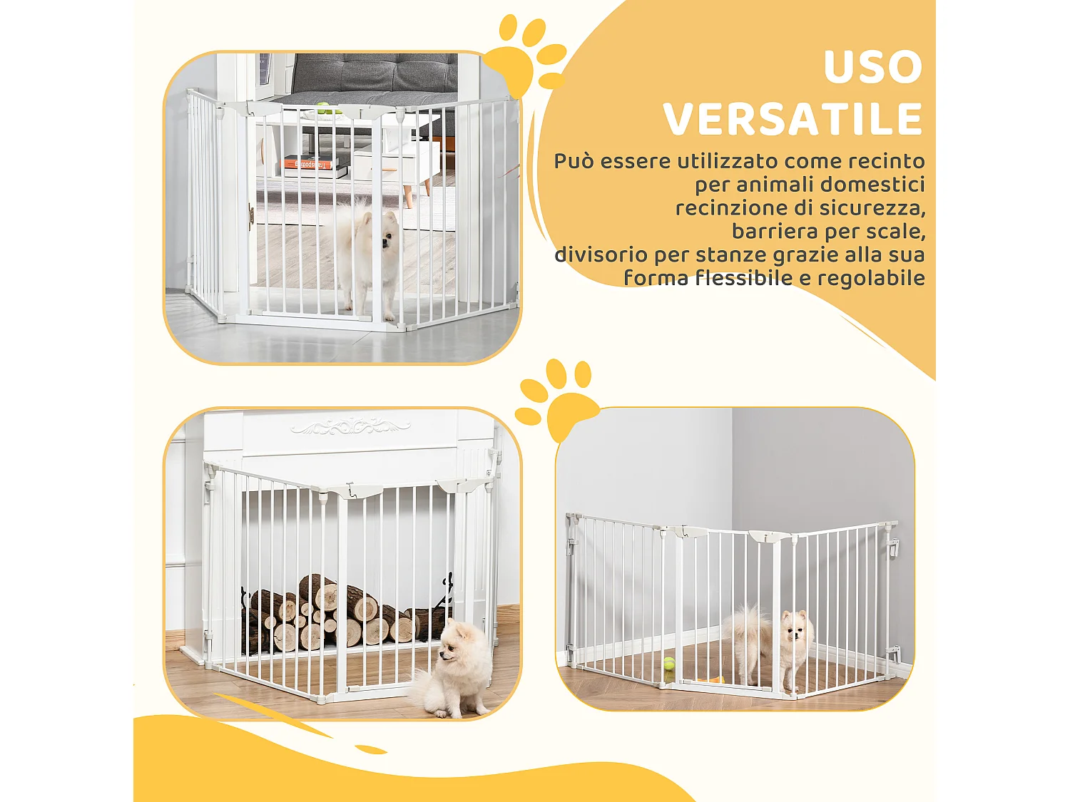 Cancellino per cani pieghevole e modulabile a 3 pannelli bianco
