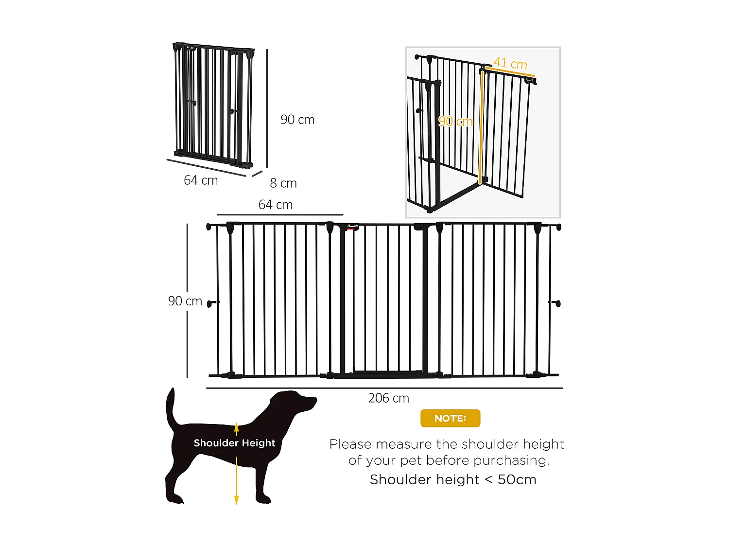 Cancelletto per cani a 3 pannelli con doppio blocco 206x90 cm nero