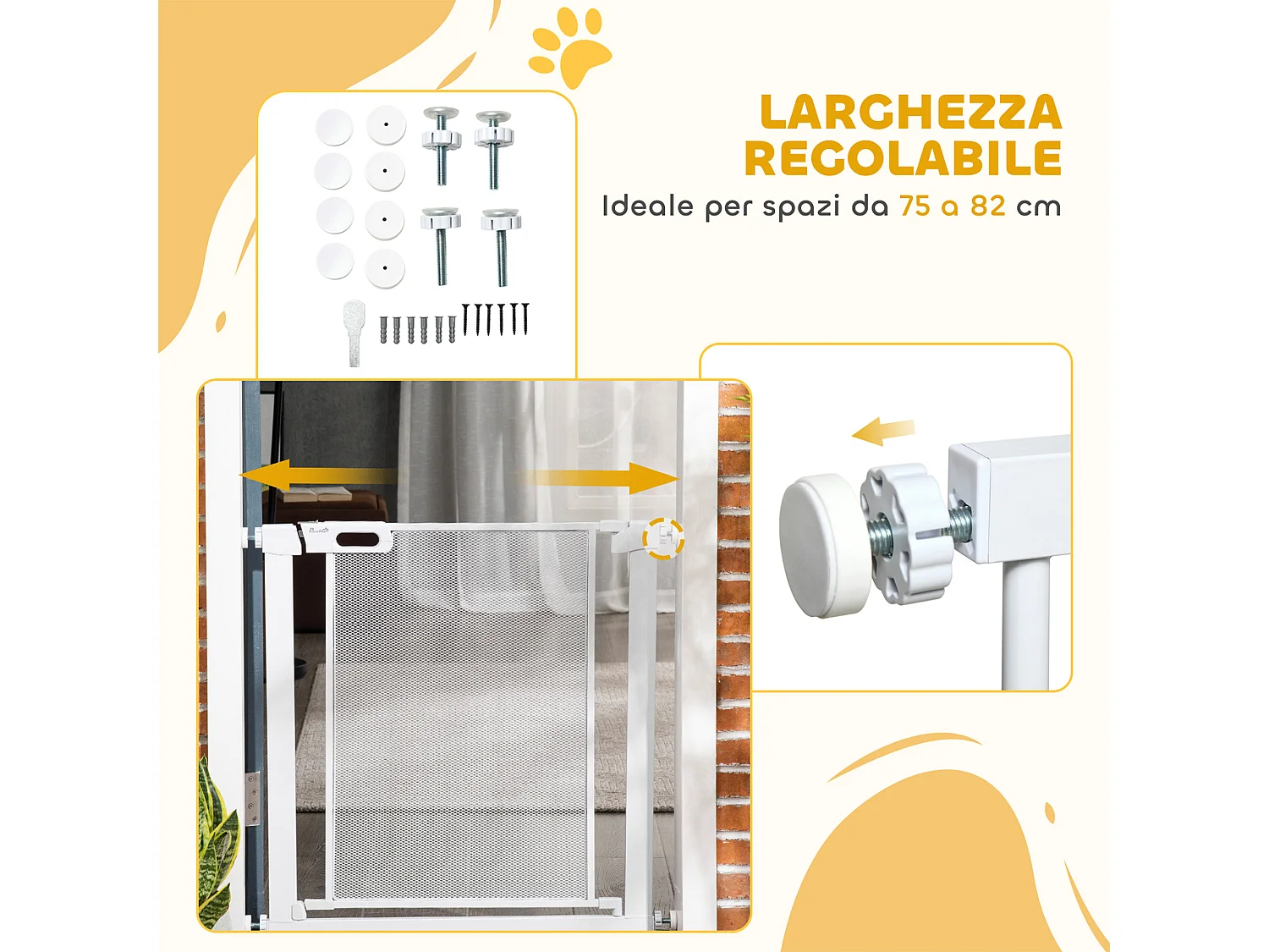 Cancello per cani regolabile 75-82 cm con chiusura automatica bianco