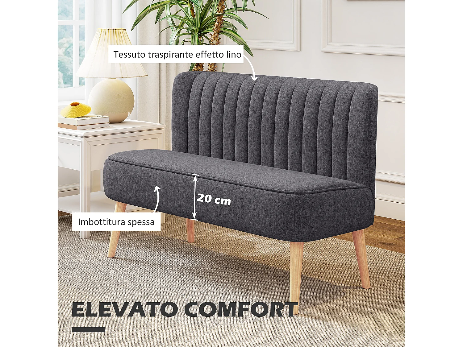 Divanetto 2 posti moderno senza braccioli in tessuto grigio scuro