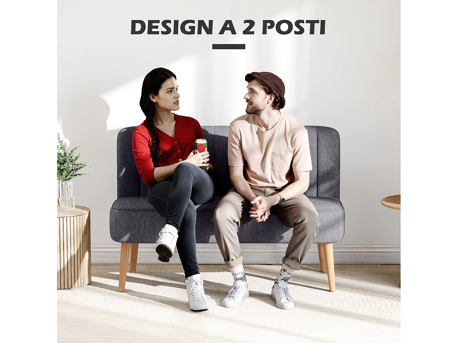 Divanetto 2 posti moderno senza braccioli in tessuto grigio scuro