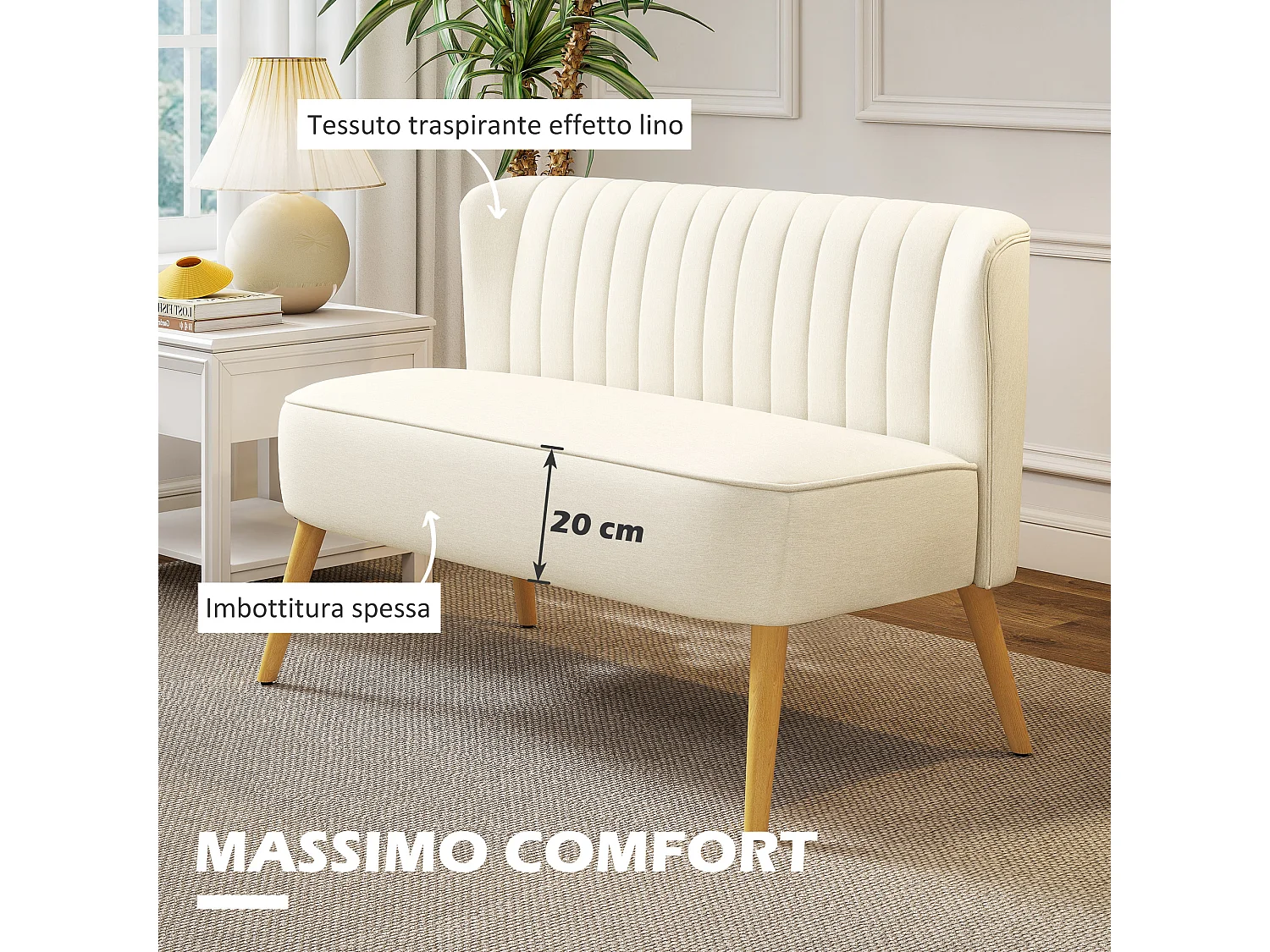 Divano 2 posti imbottito in tessuto effetto lino bianco crema