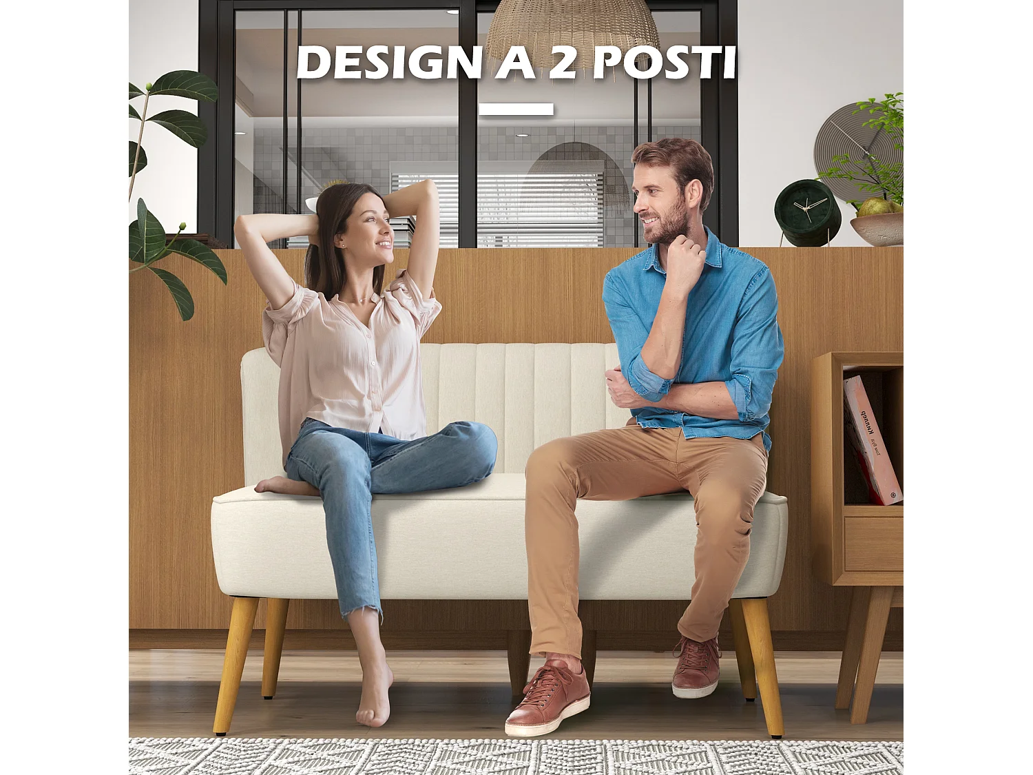 Divano 2 posti imbottito in tessuto effetto lino bianco crema