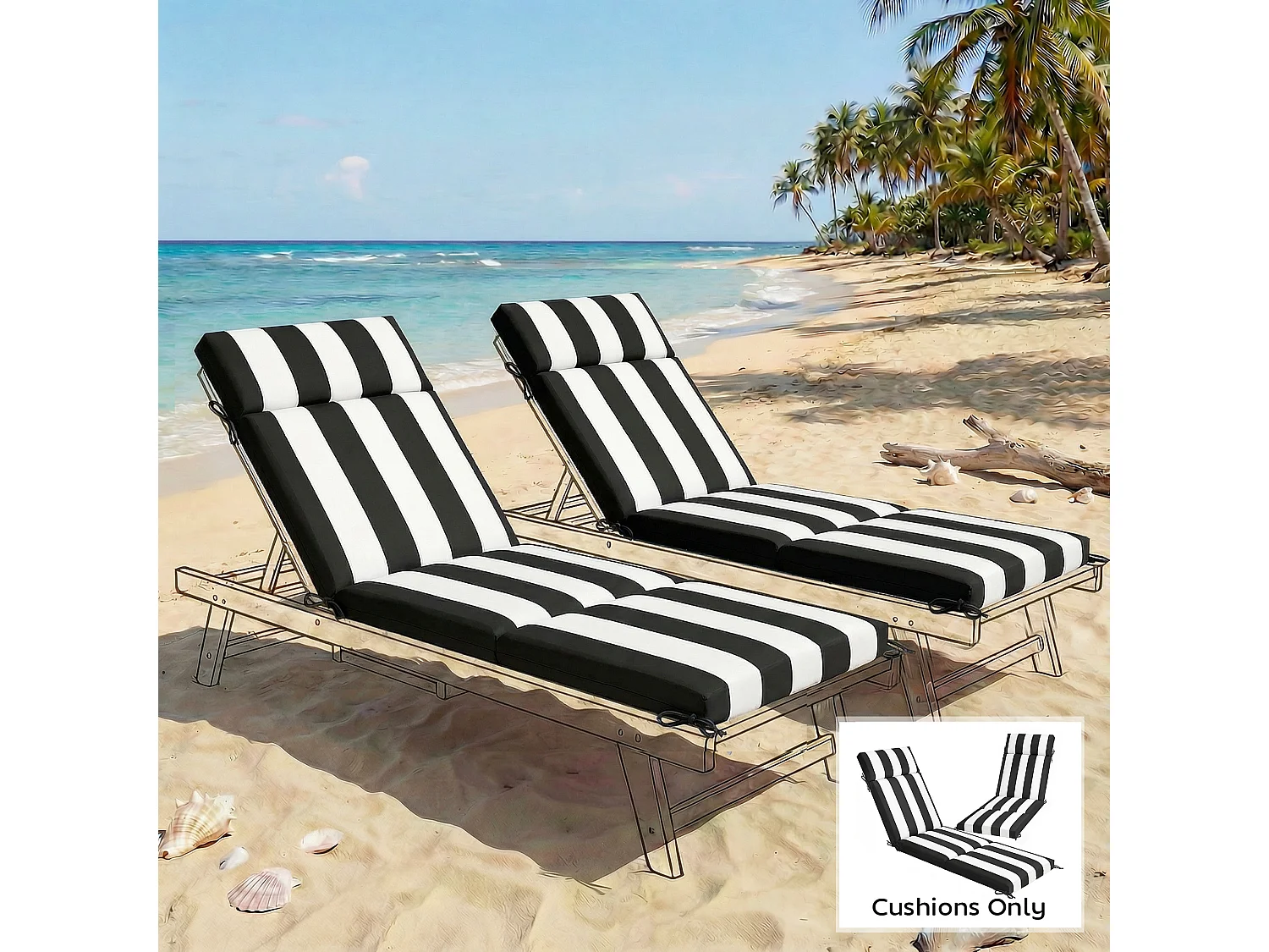 Set 2 cuscini sedie con 6 lacci in cotone nero e bianco
