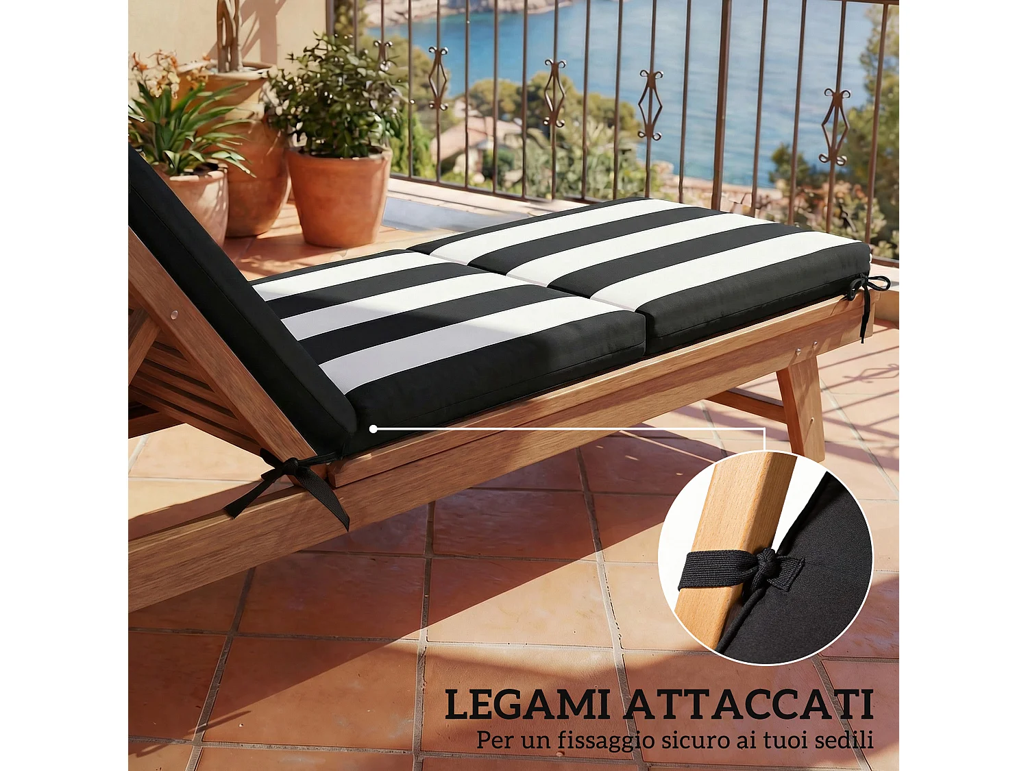 Set 2 cuscini sedie con 6 lacci in cotone nero e bianco