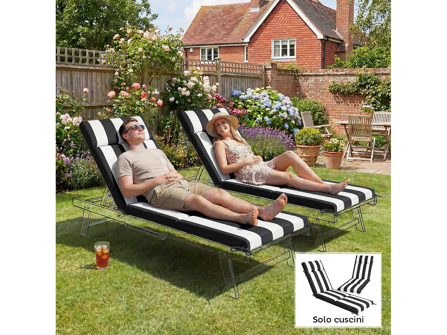 Set 2 cuscini sedie con 6 lacci in cotone nero e bianco