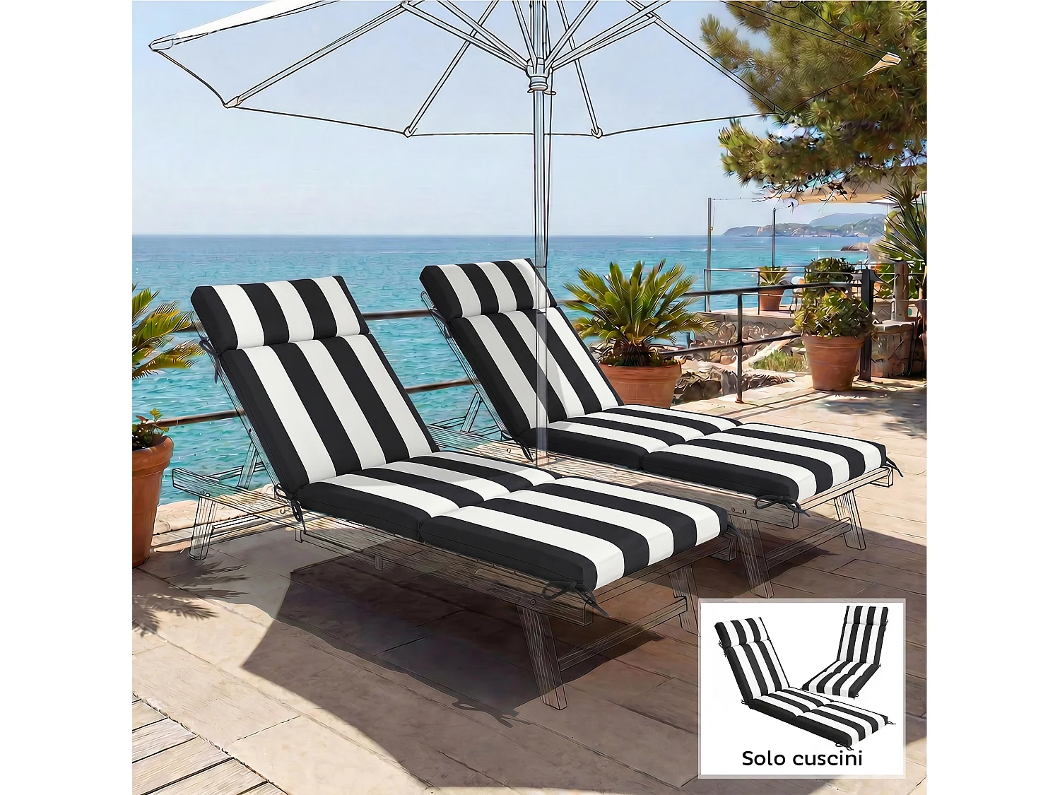 Set 2 cuscini sedie con 6 lacci in cotone nero e bianco