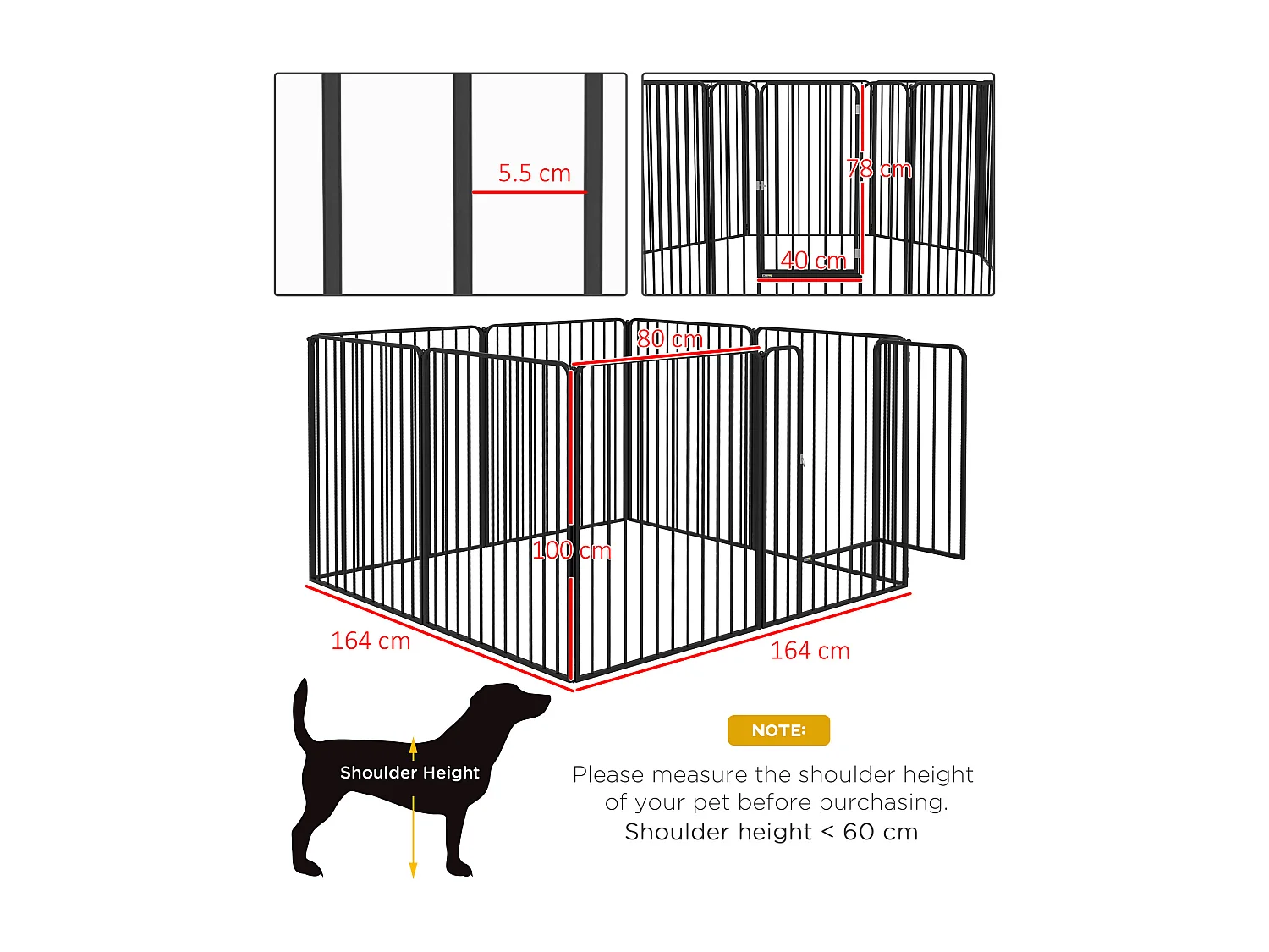 Box per cani a 8 pannelli modulabili in acciaio 164x164x100 cm nero