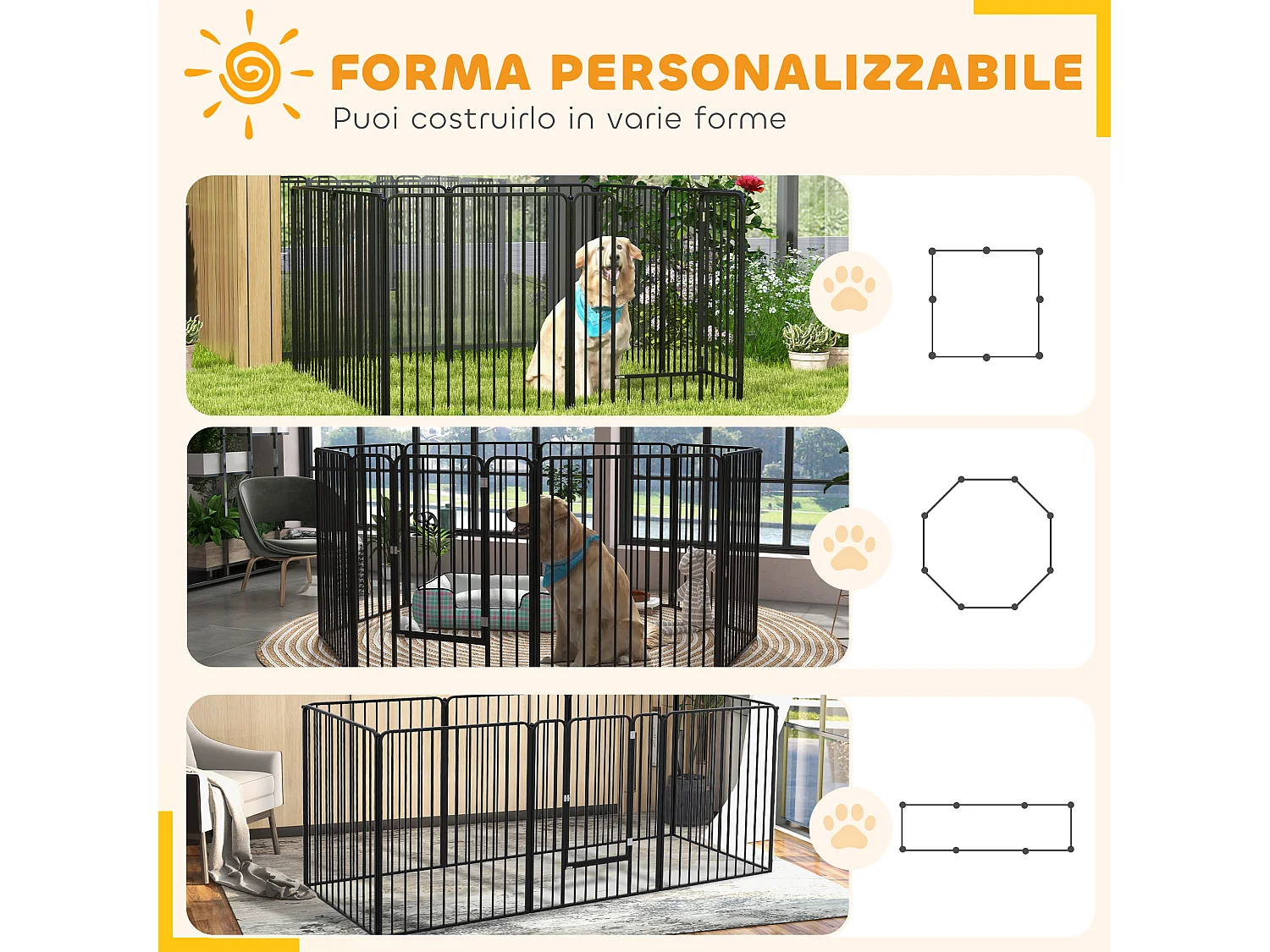 Box per cani a 8 pannelli modulabili in acciaio 164x164x100 cm nero