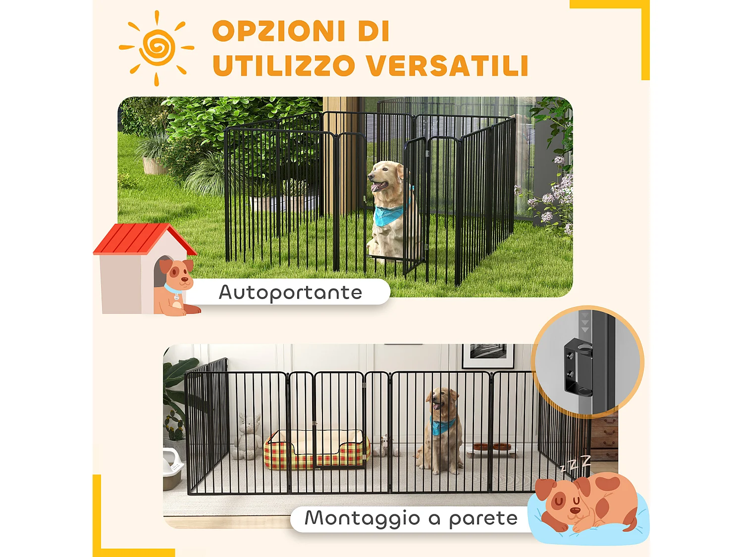 Box per cani a 8 pannelli modulabili in acciaio 164x164x100 cm nero