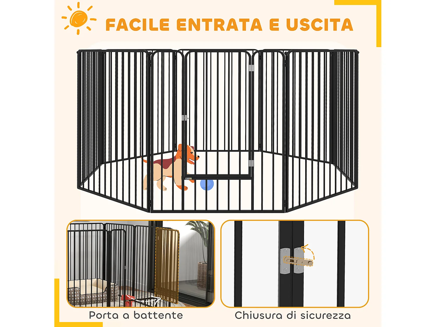 Box per cani a 8 pannelli modulabili in acciaio 164x164x100 cm nero