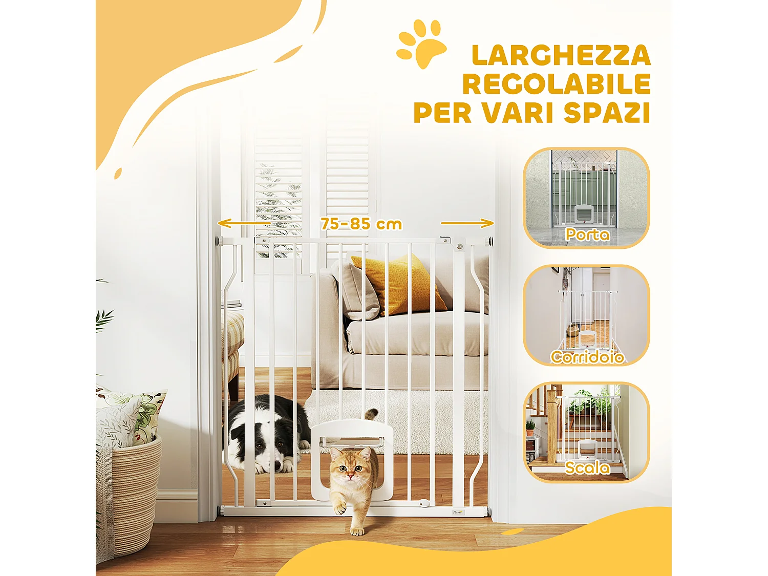 Cancello per cani e gatti estensibile con gattaiola in acciaio bianco