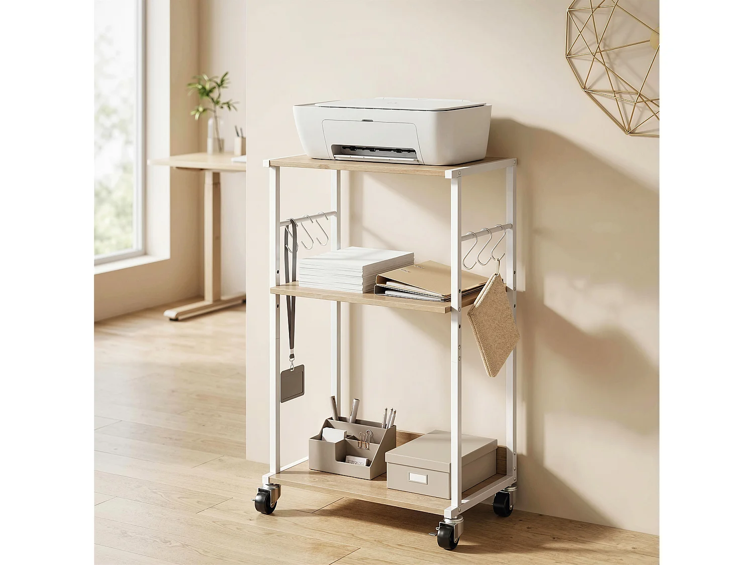 Supporto stampante 3 livelli con ruote in legno naturale