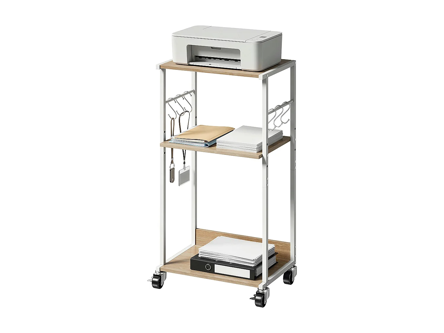 Supporto stampante 3 livelli con ruote in legno naturale