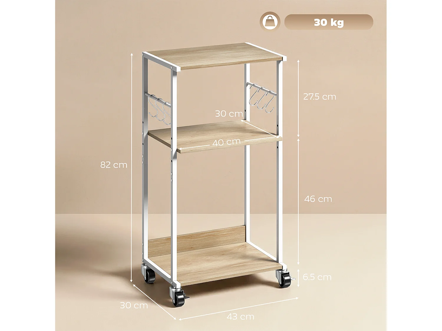 Supporto stampante 3 livelli con ruote in legno naturale