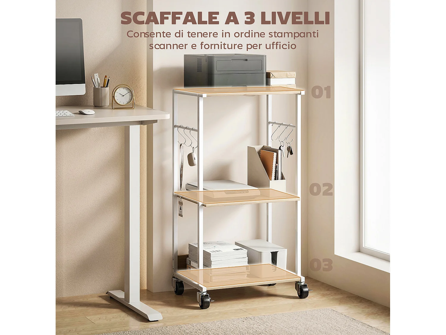 Supporto stampante 3 livelli con ruote in legno naturale