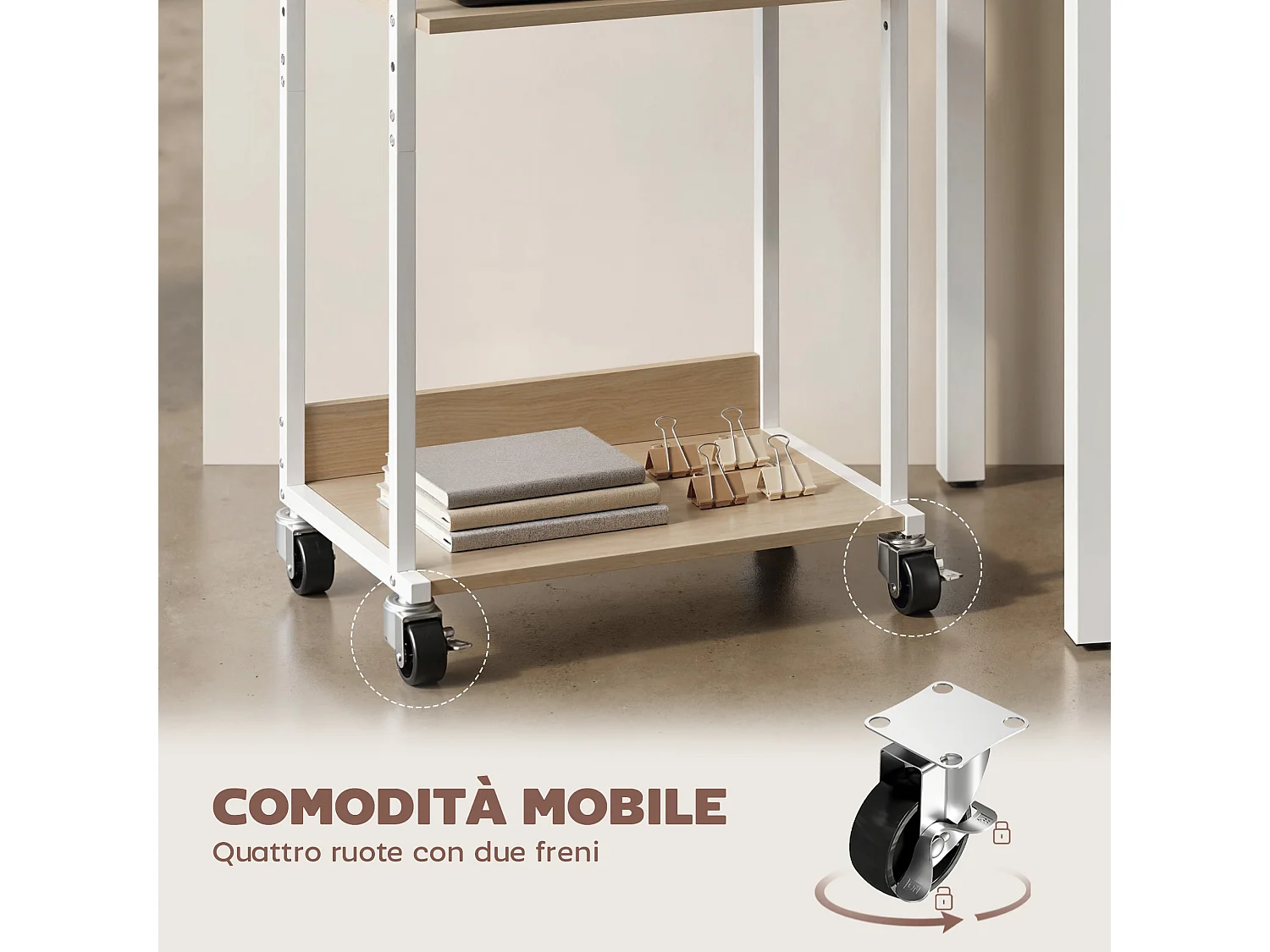 Supporto stampante 3 livelli con ruote in legno naturale