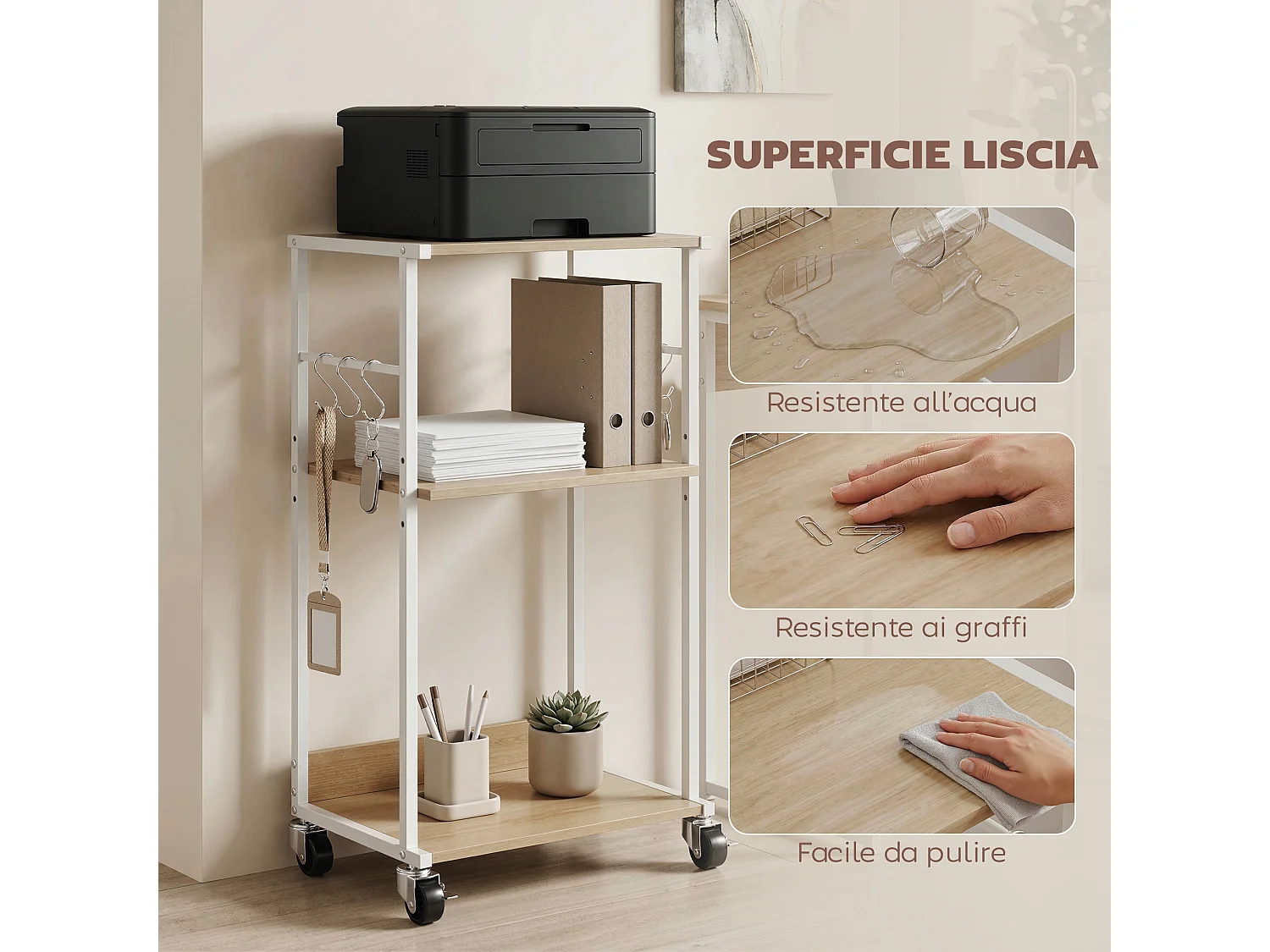 Supporto stampante 3 livelli con ruote in legno naturale